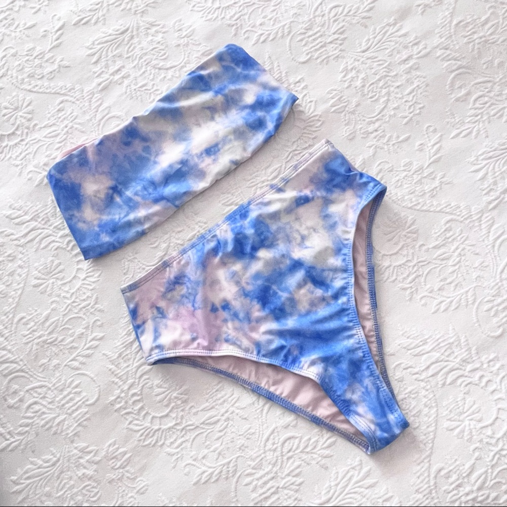 NWOT Lulus Set for Vacay Blue Multi Tie-Dye Bandeau High Waisted Bikini Set - Picture 7 of 13